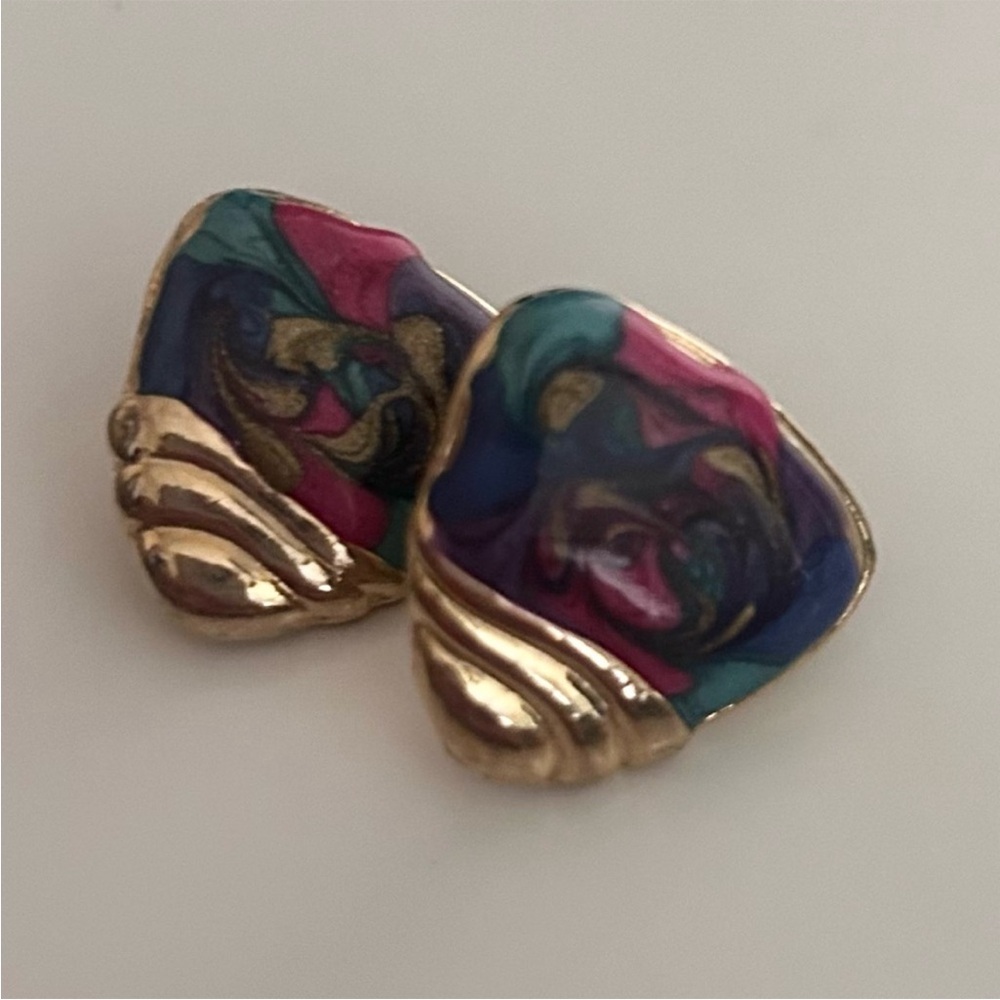 1980s Colorful Abstract Gold Tone Statement Stud Earrings